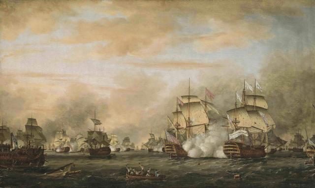 HMS Barfleur (second from right) already had tangled with the Comte de Grasse at the Chesapeake Capes and off Martinique; here, she pounds de Grasse’s flagship Ville de Paris (far right) with a blistering broadside at the Battle of the Saintes. Soon the French ship—and the French admiral—will be captured by the British.