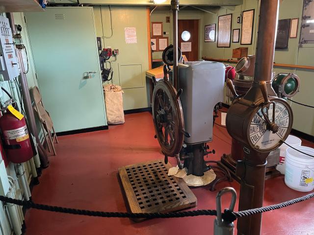 The bridge of the Jeremiah O’Brien. Visitors can wander the museum ship freely, visiting not only the bridge, but also the deckhouse, galley, radio room, and more. 