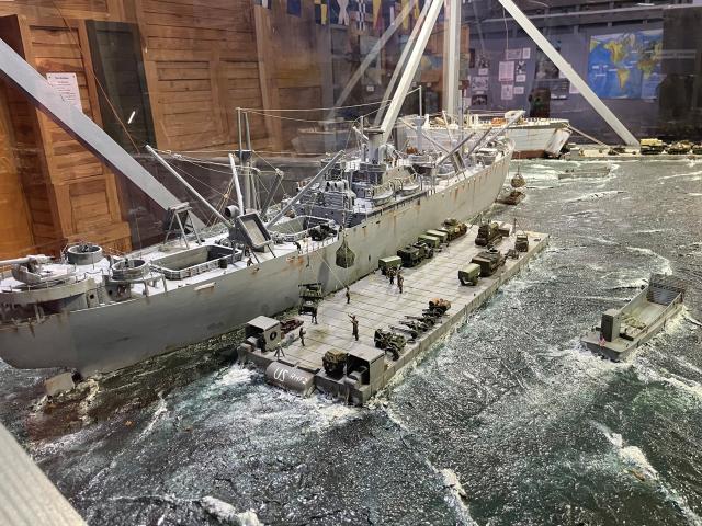 The large diorama of Omaha Beach in the days following the D-Day landing is one of the highlights of the exhibit. It shows the Jeremiah O’Brien unloading cargo onto a barge and small craft. 
