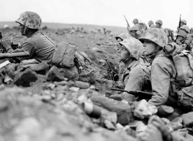 Marines prepare to attack Iwo Jima's Motojama Airfield #1.