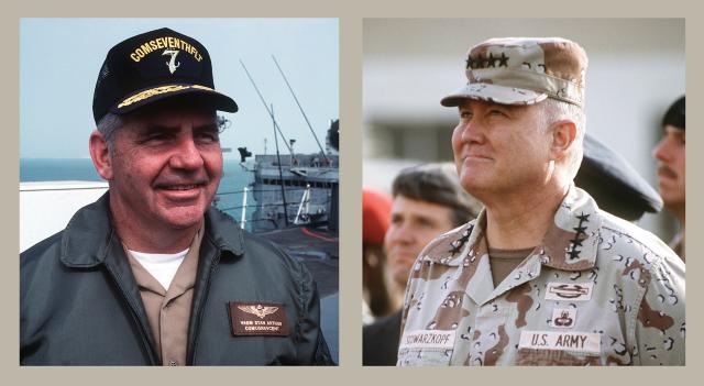While interservice friction was manifest in Gulf War operations, naval forces commander Vice Admiral Stanley R. Arthur (far left) earned the respect of theater commander General H. Norman Schwarzkopf, who hailed Arthur as “one of the most aggressive admirals I’d ever met.”
