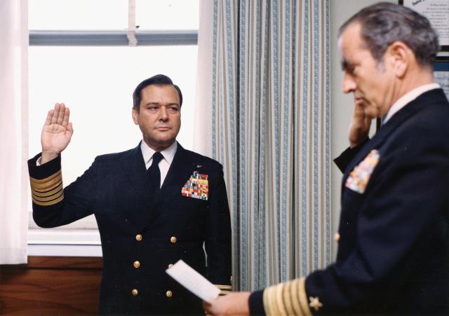 Chief of Naval Operations Admiral Elmo Zumwalt swears in James Holloway as his Vice Chief of Naval Operations (VCNO), August 1973. As VCNO, Holloway was supportive of Zumwalt’s vision for the Navy, but when he became CNO in 1974, he blazed his own trail.
