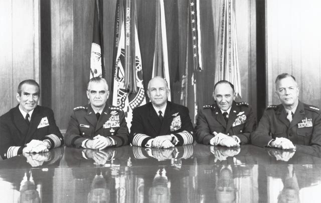 The Joint Chiefs of Staff on 4 January 1971, from left to right: Admiral Elmo R. Zumwalt Jr., Chief of Naval Operations; General William C. Westmoreland, Chief of Staff, U.S. Army; Admiral Thomas H. Moorer, Chairman, Joint Chiefs of Staff; General John D. Ryan, Chief of Staff, U.S. Air Force; and General Leonard F. Chapman Jr., Commandant, U.S. Marine Corps. Zumwalt’s emotional and public stands as CNO alienated President Richard Nixon and left Zumwalt with little influence over national security policy.