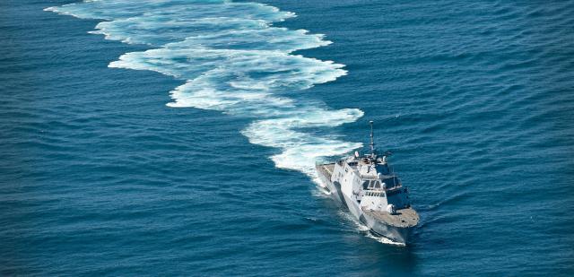 A primary waterjet propulsion system, such as littoral combat ships use, allows the kind of rapid maneuvering that only directed thrust can generate, as shown here in the tight, zigzag wake of the USS Freedom (LCS-1). An auxiliary submarine waterjet system based on reactor seawater outflow would not permit such maneuvers, but it would give submarine crews new options for ultrasilent operation.