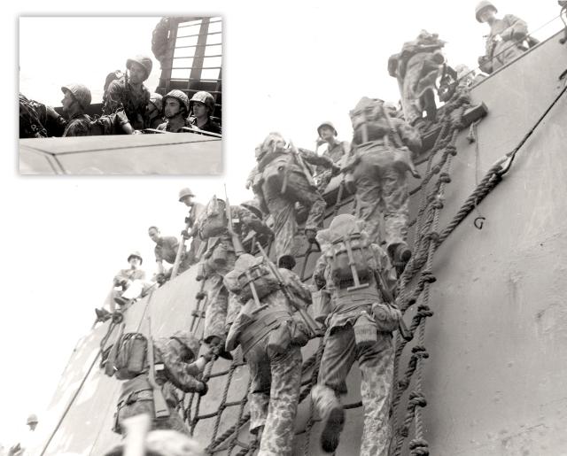 2d Division Marines board their landing craft prior to the assault on Red Beach.