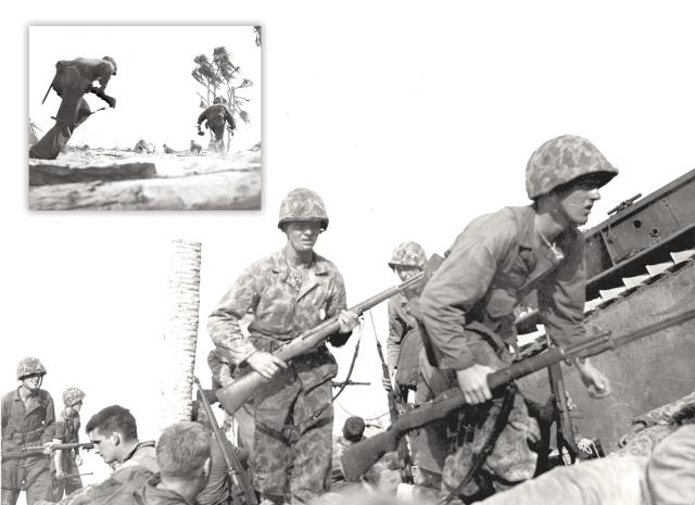 Marines go over the top from the beach and prepare to charge. Inset: Advancing under fire.