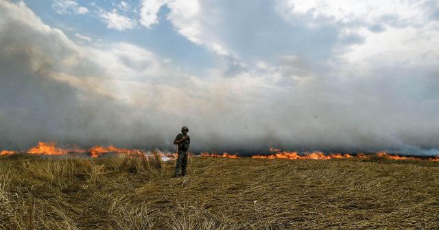 A wheat field in the Zaporizhzhia Region in Ukraine burning after being hit by Russian shells