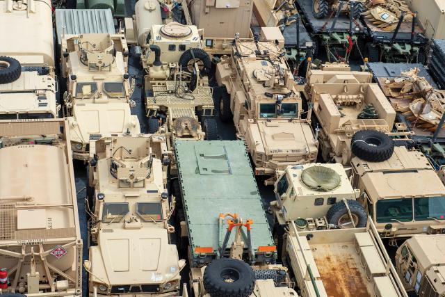 The National Maritime Goals and Objectives Report to Congress revealed that only 39 Military Sealift Command ships were available for tasking, primarily due to age-related mechanical issues, and only 32 were able to execute their mission. Here, the USNS Benavidez (T-AKR-306) transports medium tactical vehicles and Abrams tanks in support of naval operations in the Atlantic region.