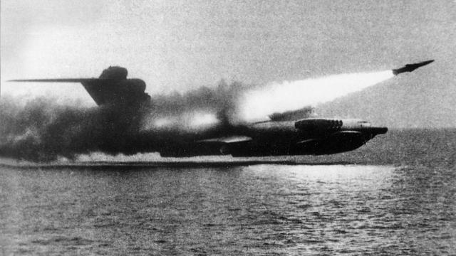 The Soviet Union’s Lun-class “ekranoplan” fires anti­ship missiles during tests on the Caspian Sea, date unknown.