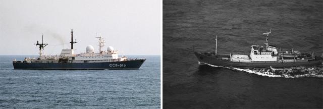 Two years prior to Atrina, Operation Aport involved five or six Soviet submarines operating in the western Atlantic. Then–Captain of the 1st Rank Anatoly Shevchenko, lead planner for both operations, coordinated assets from the Lira, a state-of-the-art intelligence-collection ship (left), and the naval survey ship Kolguyev (right).