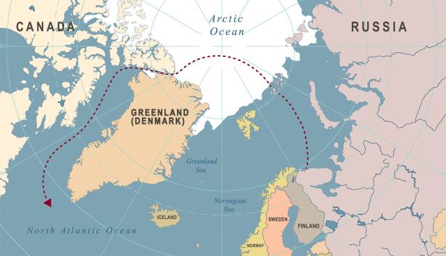 Likely Route of Soviet Subs during  Operation Atrina