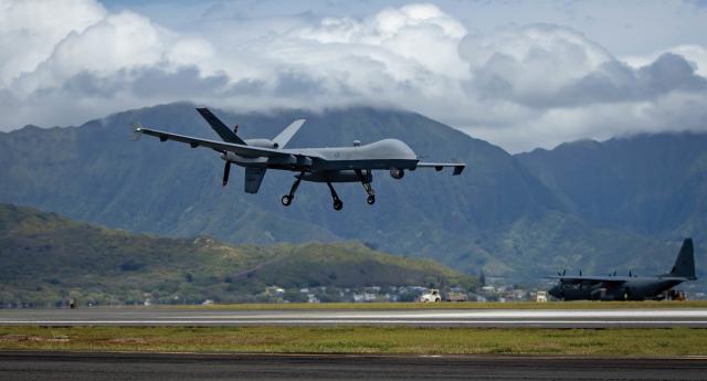 An MQ-9A Reaper lands at Marine Corps Air Station Kaneohe Bay