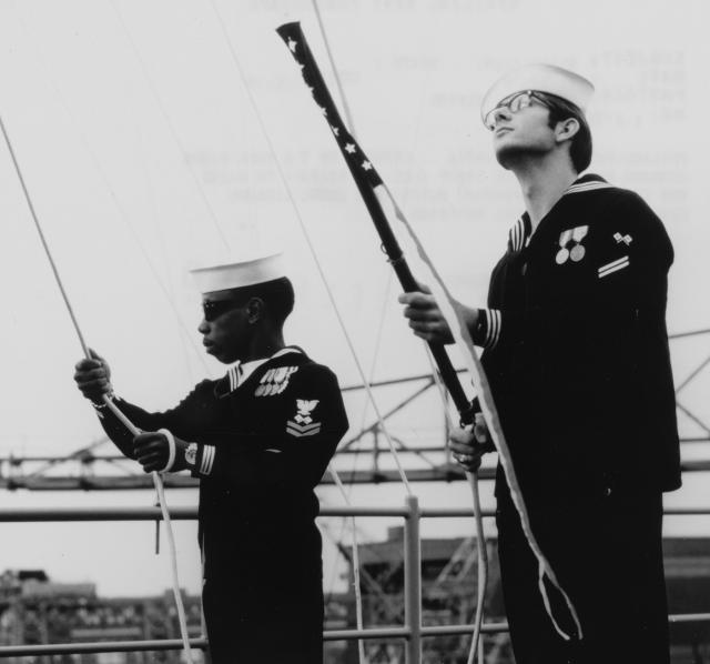 14 November 1970: Crewmen prepare the raise the commissioning pennant of the USS Blue Ridge. Fifty years later, now a venerated elder of the fleet, the ship is still going strong.