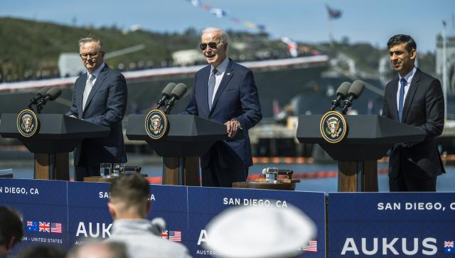 President Joe Biden, British Prime Minister Rishi Surnak, and Australian Prime Minister Anthony Albanese at the AUKUS trilateral meeting on 13 March 2023, when the partners announced a pathway to produce a nuclear-powered submarine capability in Australia.