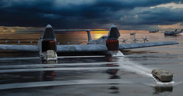 Concept art showing the General Atomics–Aeronautical Systems Liberty Lifter unloading vehicles.