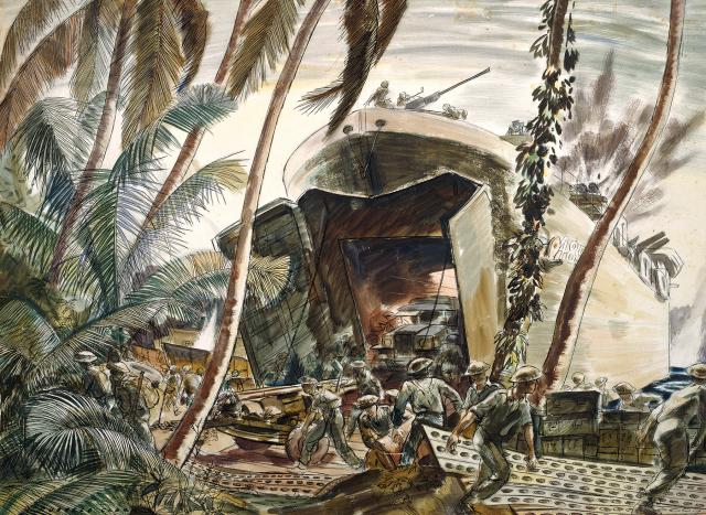 Equipment is quickly unloaded from LST-485 in New Zealand war artist Russell Clark’s watercolor Landing Ships Under Fire, Falamai, Treasury Islands. Meanwhile, Japanese fire from a concealed pillbox has temporarily halted offloading activities at nearby LST-399.