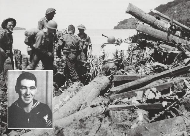 Kiwis of 3 NZ Division’s 8 Brigade and Seabees of the 87th Naval Construction Battalion (NCB) inspect the tangled remains of the pillbox that Machinist’s Mate Aurelio Tassone (inset) destroyed with his bulldozer.  For the feat, the  Seabee earned  the Silver Star,  the highest  award presented  to a member of  the battalion  during the war. 