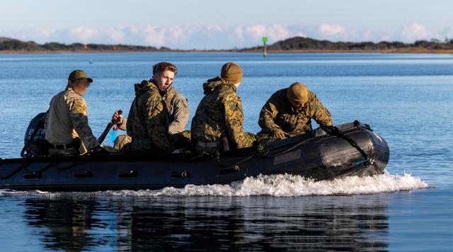 Marine Raiders together with Marines from the 2nd Combat Engineer Battalion conduct small-boat operation training. The training provided an opportunity to enhance the  interoperability between MarSOC and conventional forces.  