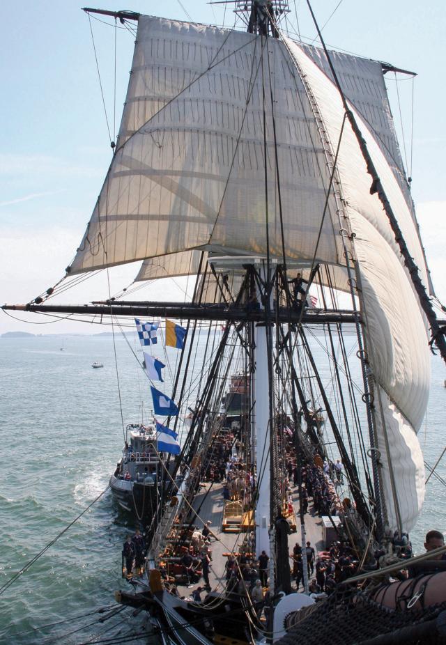  USS Constitution sails under her own power, manned by more than 150 sailors selected for promotion to chief petty officer