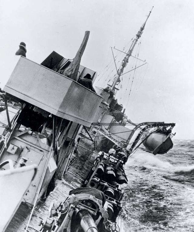 The Battle of the Atlantic was a salient example of “traffic war,” one of the five major categories of World War II naval engagements. Above: The USS Greer (DD-145) goes through rough weather while on North Atlantic convoy duty.
