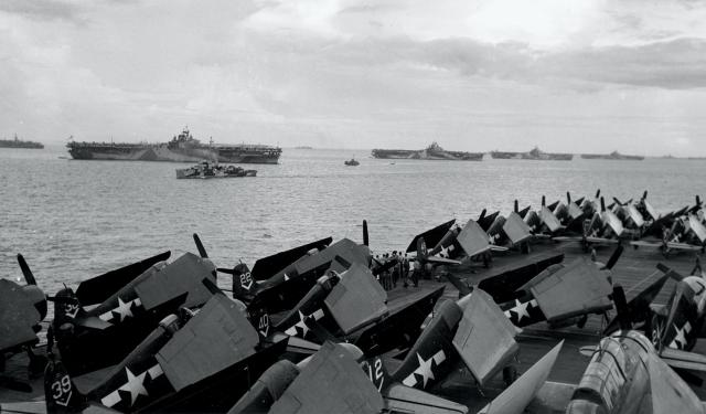 View from a loaded flight deck: the U.S. carrier fleet at Ulithi Atoll. By late in the war it was clear that “the United States was the greatest maritime power of all on the basis of the strongest forces, the best technology, and the deepest reserves of quality personnel.”