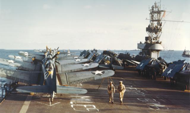 Douglas SBD-3 Dauntless scout bombers and Grumman F4F-4 Wildcat fighters 