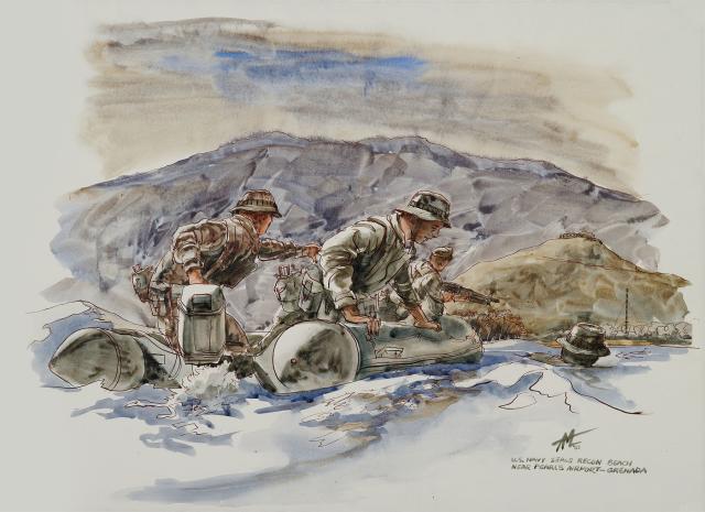 Midnight, 24 October 1983: After dodging patrol boats and traversing foul weather, SEAL Team 4 reconnoiters the beach near Pearls Airport. The SEALs would glean that, while the beach was not heavily defended, surf conditions precluded an amphibious landing.