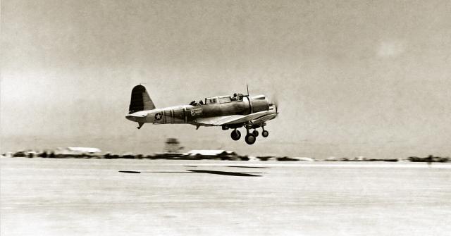 SB2U-3 Vindicator dive bombers take off from Midway’s Eastern Island in early June, possibly to attack Japanese carriers the morning of 4 June. While inferior aircraft—including Vindicators—were factors in MAG-22’s poor performance at Midway, tactics and training played key roles. 