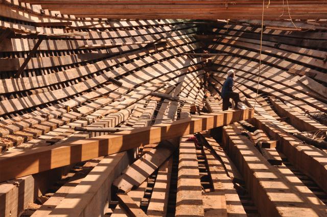 	Inside the dhow Stephane de Rouville  The dhows are hand made, mostly without electricity, a 400-year  tradition. It takes at least nine months to finish a vessel. Mandvi, Gujarat, India, October 2019. 