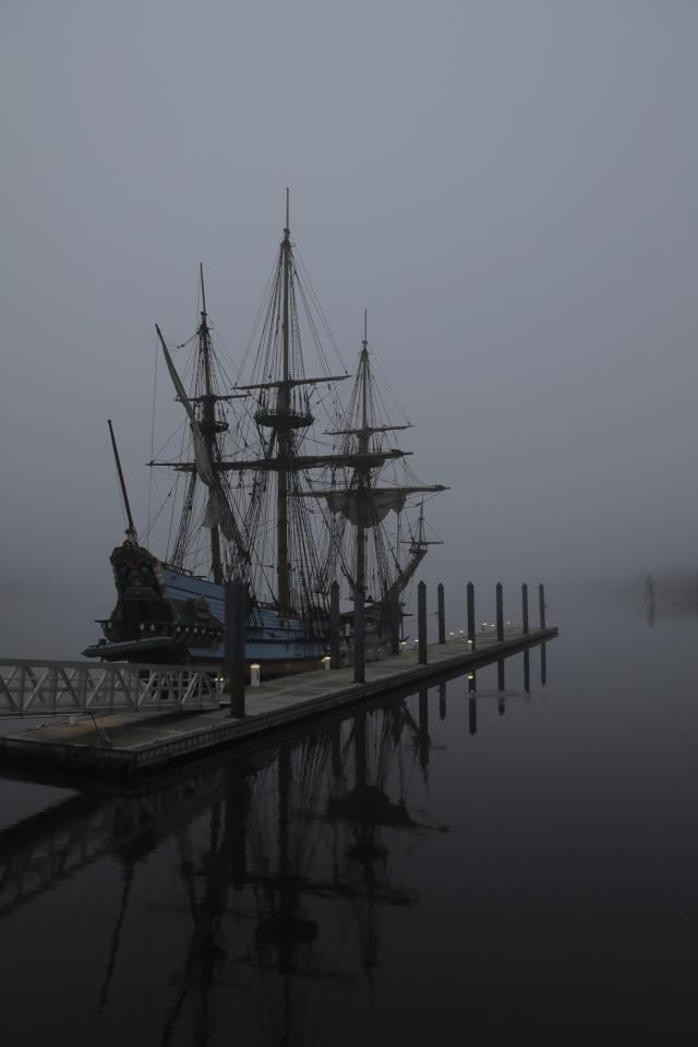 Morning Mist William Hampton, USN Veteran The replica Kalmar Nyckel in early morning at Bristol Wharf, Pennsylvania, September 2023.