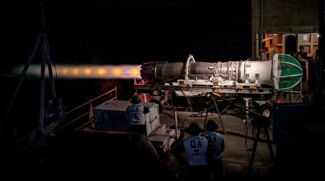 An engine is tested on board the USS George Washington (CVN-73). GE F414 Engine module shortages made it hard to meet the goal of 341 mission-capable Super Hornets, but a PEO(T) HUD forum helped resolve some of the issues. In November 2023, the Navy surpassed the goal of 1,451 ready-for-issue engines eight months ahead of schedule.
