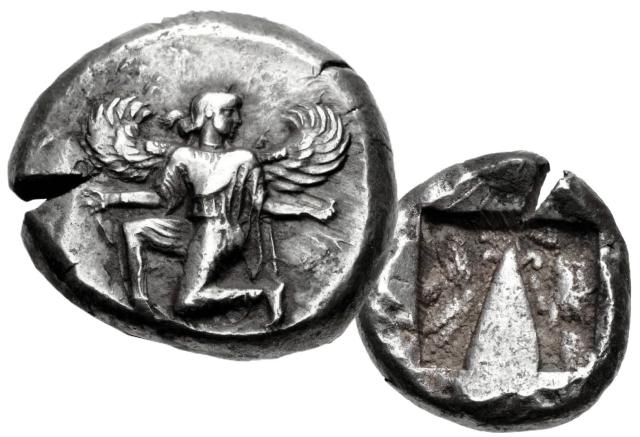Coinage of Caria at the end of Artemisia’s rule, and beginning of the rule of her son, Pisindelis, showed a winged female figure running to her right, head left. The image on the reverse depicts a baety—a sacred stone believed to have housed a god. (Circa 470–450 BC.)