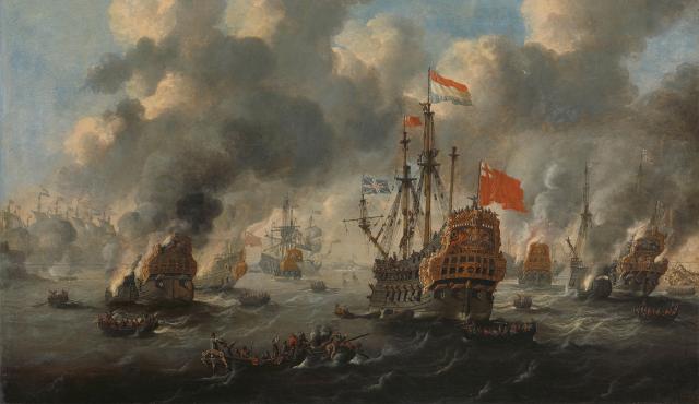 The burning of the British fleet at Chatham, 20 June 1667. The Dutch victory in the Raid on the Medway, led by de Ruyter, is considered one  of the “most brilliant strokes with the most immediate and obvious effects” in naval history. During the battle, the Dutch captured the Royal Charles (center) and forced many other ships to run aground to save themselves from destruction.