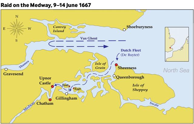 Although peace negotiations in the Second Anglo-Dutch War had begun, de Ruyter and the Dutch mounted an attack on British warships laid up in the fleet anchorages off Chatham Dockyard and Gillingham to strengthen their position.