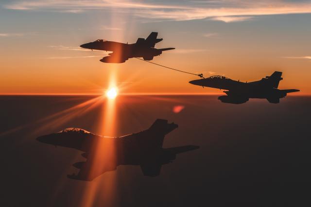 Taken over the Gulf  of Oman after two lieutenants of Electronic Attack Squadron 139 are promoted to lieutenant commander by their commanding officer.