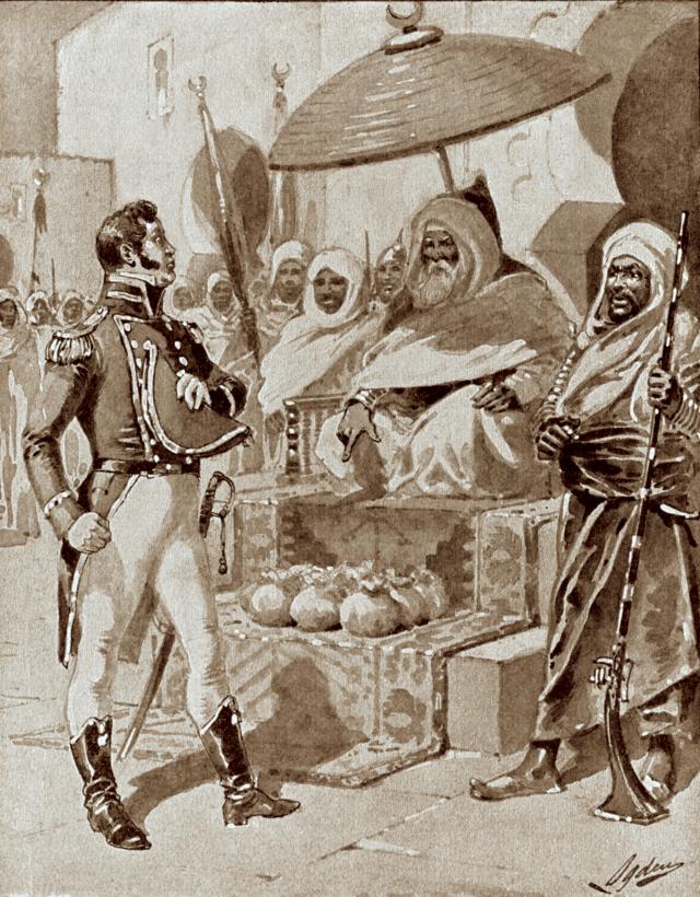 Captain William Bainbridge paying tribute to the Dey of Algiers to secure exemption from capture for U.S. merchant ships in the Mediterranean. Bainbridge would return years later as a commodore, but to do battle rather than pay tribute, leading the Africa Squadron against Algiers in the Second Barbary War.