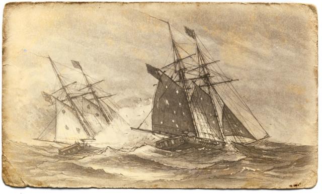 On the night of 16 November 1800, the Experiment (right) fought a fierce battle with the schooner Louisa Bridger, not discovering that the British ship was neutral until she was forced to strike her colors.