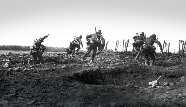 The German answer to World War I’s stalemate was infiltration tactics, shown here in an assault by stormtroopers during the 1918 spring offensive. Infiltration tactics demonstrated many of maneuver warfare’s elements but could not produce strategic victory because the Germans did not produce a theory of victory that accounted for human will. 