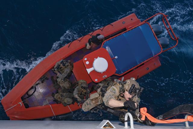 Marines with the maritime raid force of the 31st Marine Expeditionary Unit climb a ladder during visit, board, search, and seizure training off the coast of Okinawa, Japan. A maritime raid unit would support host-nation efforts with flexibility and including, if necessary, violence and speed.