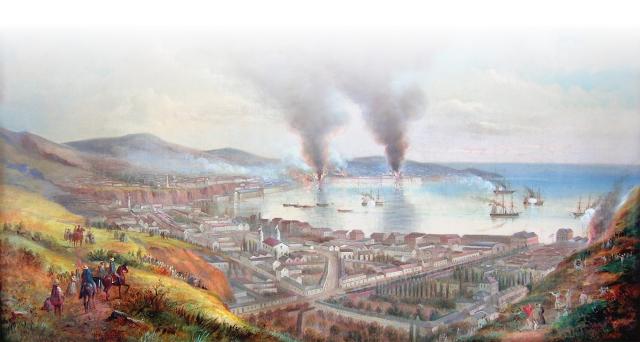 After the Civil War, Mason roamed far and wide hiring out his mine-warfare services. (Below) When Chile balked at emplacing the defenses Mason had prepared for it in 1866, Valparaiso subsequently was bombarded and burned by the Spanish fleet . . .