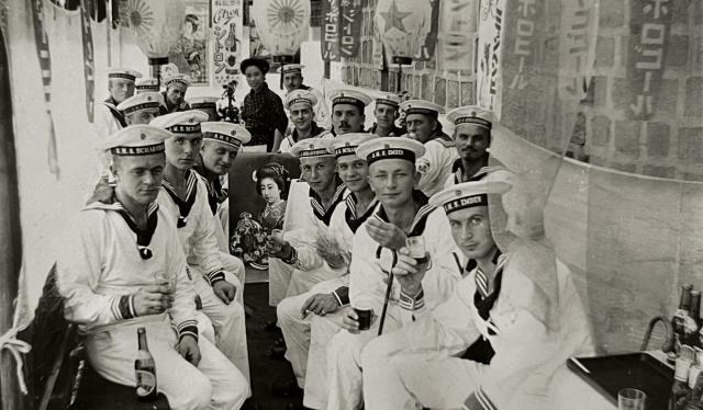 In addition to projecting power afar, Germany gained a worldly, experienced cadre of seafarers through its peacetime naval activities in Asia. Here, sailors are seen at a teahouse in Japan.
