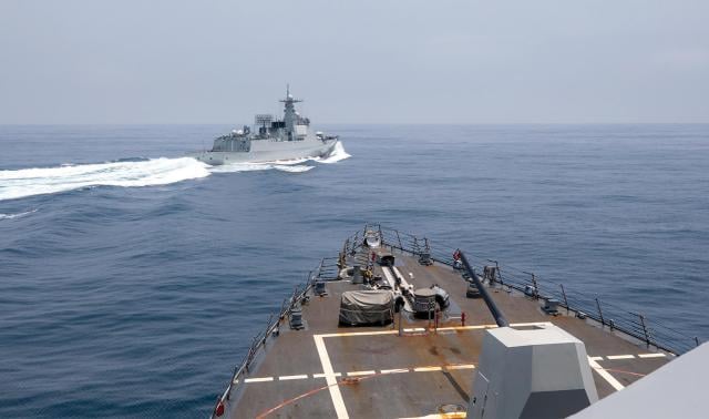 A Chinese squadron based in the Gulf of Guinea would have limited ability to operate in the North Atlantic. Here, a Type 052D guided-missile destroyer is seen from an Arleigh Burke-class guided-missile destroyer.