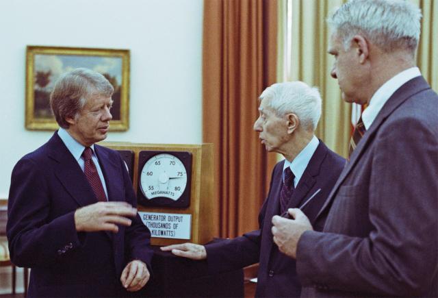President Carter meets with Rickover and Energy Secretary James Schlesinger, circa 1 December 1977.