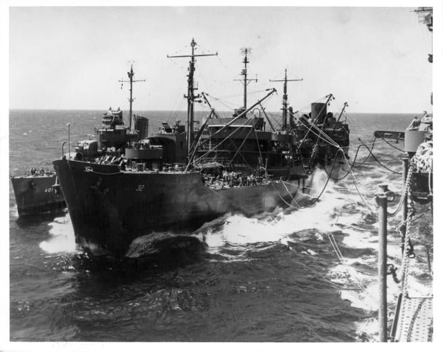 USS Guadalupe (AO-32) refuels USS Maury (DD-401) and USS Lexington (CV-16)