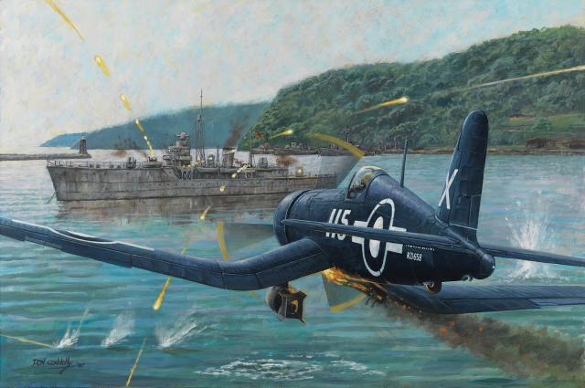 The BPF continued battling until Pacific war’s end. Above: Canadian Lieutenant Robert Hampton Gray earned a posthumous Victoria Cross for his 9 August attack that sank the destroyer Amakusa. Six days later, Seafire fighters from the Indefatigable tangled with Zeros in one of World War II’s final dogfights.  