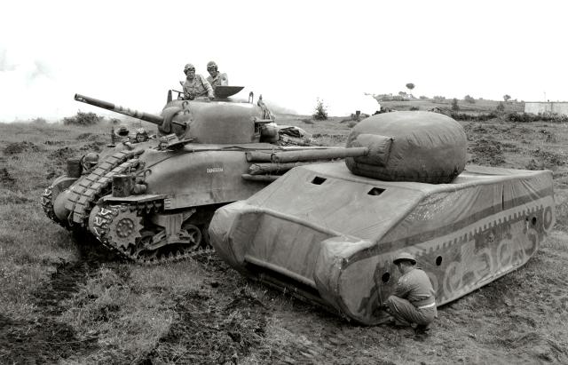 In World War II, the Allies used inflatable or wooden “dummy tanks” to confuse German intelligence about the location and number of real tanks and to convince them that the invasion of France would occur at Pas-de-Calais, rather than Normandy.