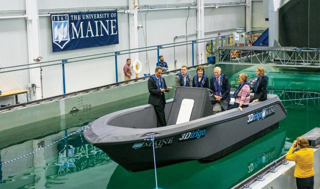 Ships equipped with 3D printers and raw materials could quickly print and launch automated, unmanned decoy boats, such as this one printed by the University of Maine, to deceive enemy sensors