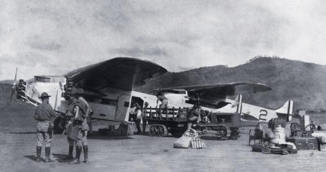 Marines unload a Fokker trimotor at Ocotal, Nicaragua. In many cases enlisted pilots flew the transports, some of them logging more than 1,000 hours of flight time per year during the Second Nicaraguan Campaign.