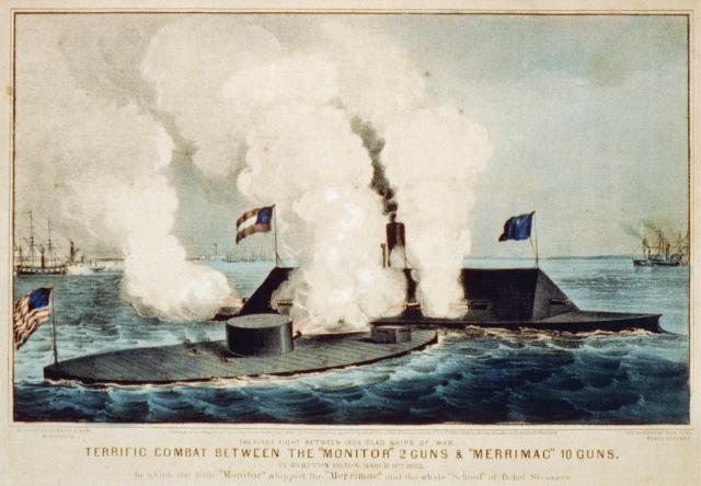 First clash of ironclads: the USS Monitor (left ) vs. the CSS Virginia, 9 March 1862.