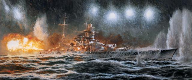 During the 26 December 1943 Battle of North Cape, the Scharnhorst, guns blazing, attempts to outrun Royal Navy pursuers, as depicted by artist Sub Lieutenant Joseph Reindler, Royal Navy. 